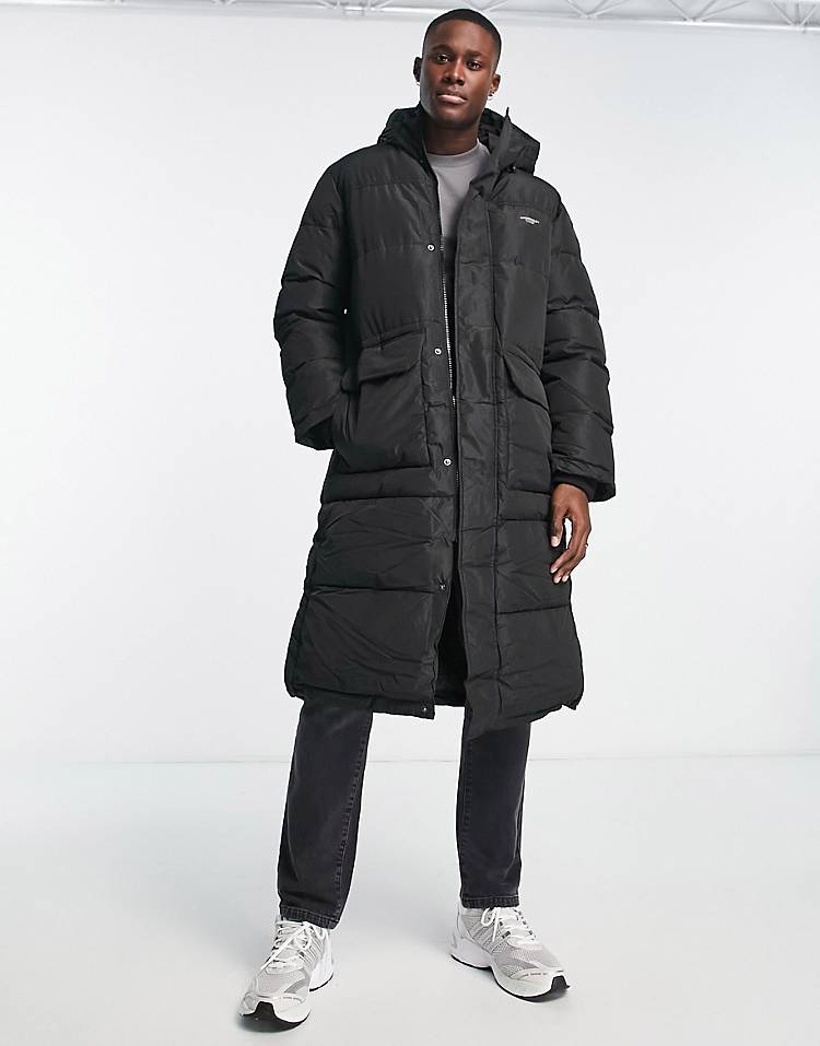 Jack & Jones Originals long puffer jacket with hood in black